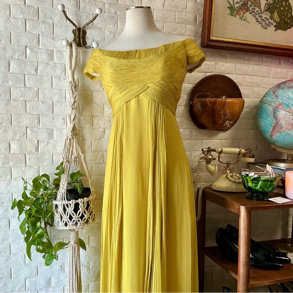 Montage by Mon Cheri Yellow Chartreuse Chiffon Flowy Gown with Shawl - Picture 4 of 14